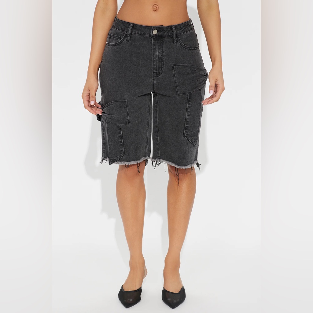 Nwt Fashion Nova Black Cargo Jorts High Rise Utility Denim Shorts Size 7